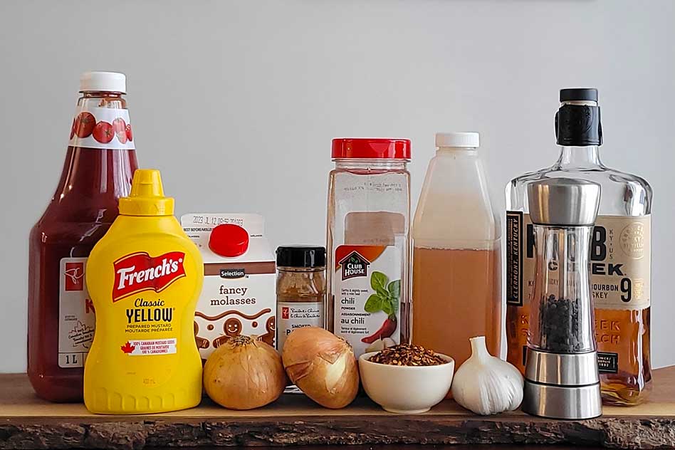 Bourbon BBQ Sauce ingredients on a table.