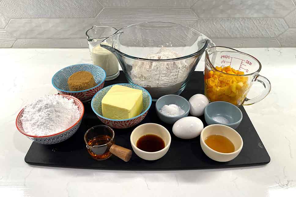 Vanilla peach scones with bourbon glaze ingredients.