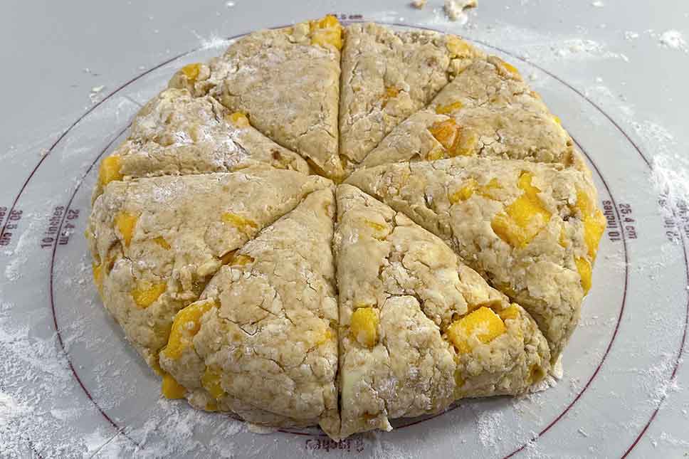 Vanilla peach scones formed and cut before baking.