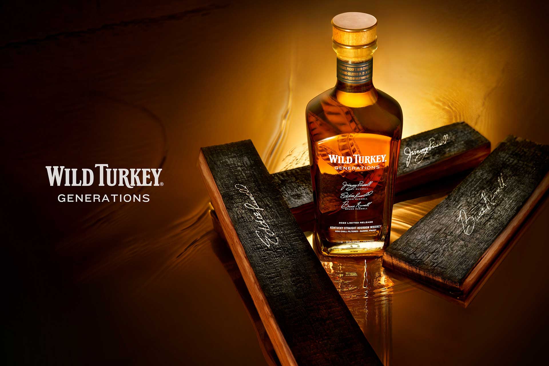 A bottle of Wild Turkey Generations whiskey with signed barrell staves.