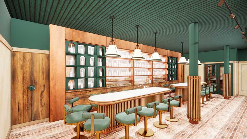 Render of the tasting bar at the Buffalo Trace Distillery Experience in London, U.K.