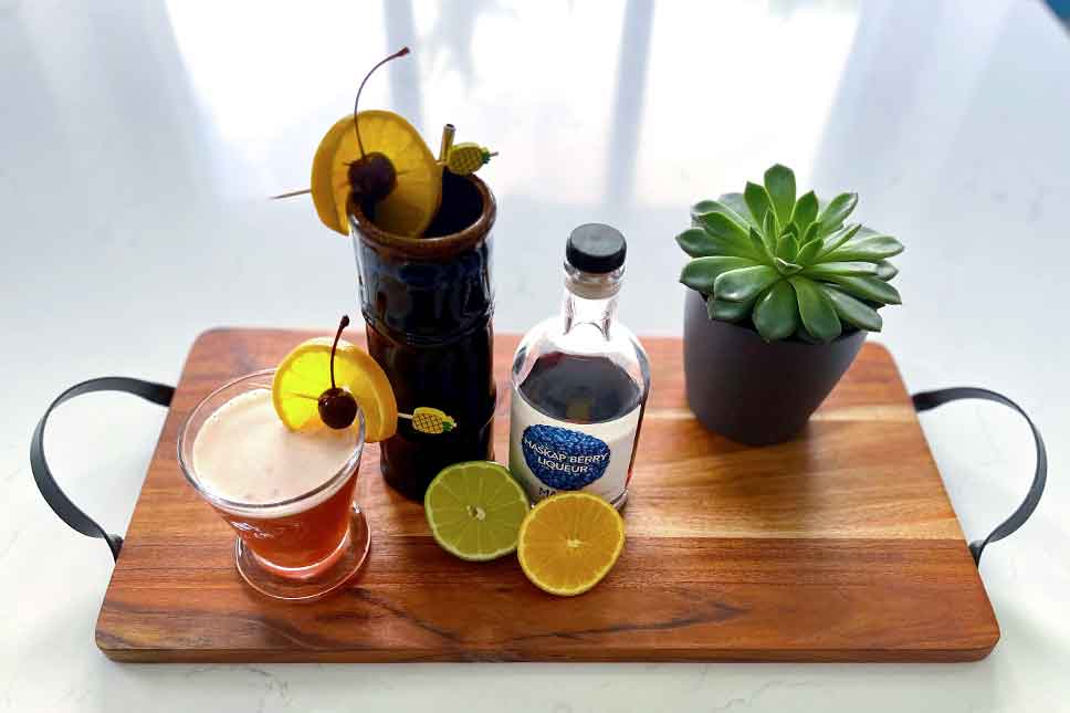 Haskap Berry cocktail on a counter with lemon, lime, and Haskap Berry liqueur. Haskap Sling on a counter with lemon, lime, and Haskap Berry liqueur.