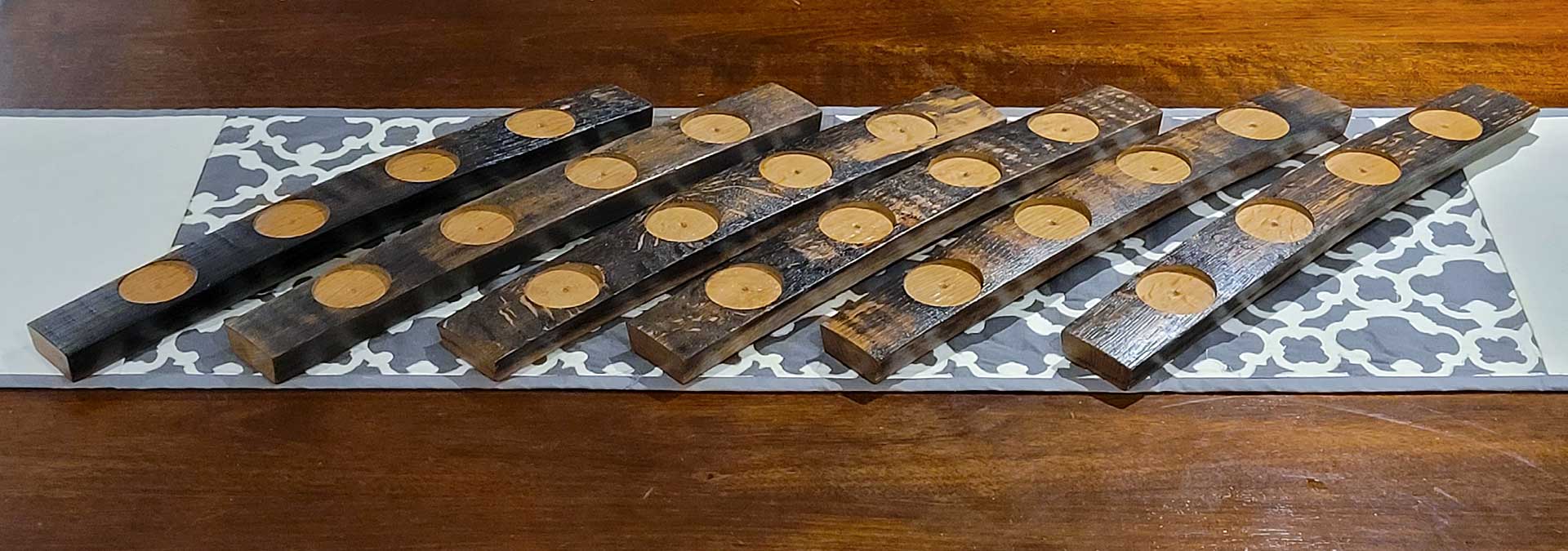 6 whisky tasting flight boards made from oak whisky barrels.