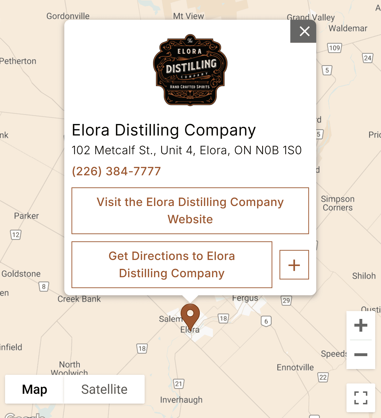 Elora Distilling Company map listing.