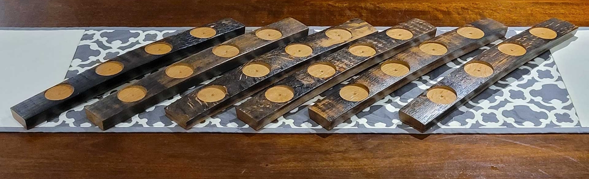 6 whisky tasting flight boards made from oak whisky barrels.