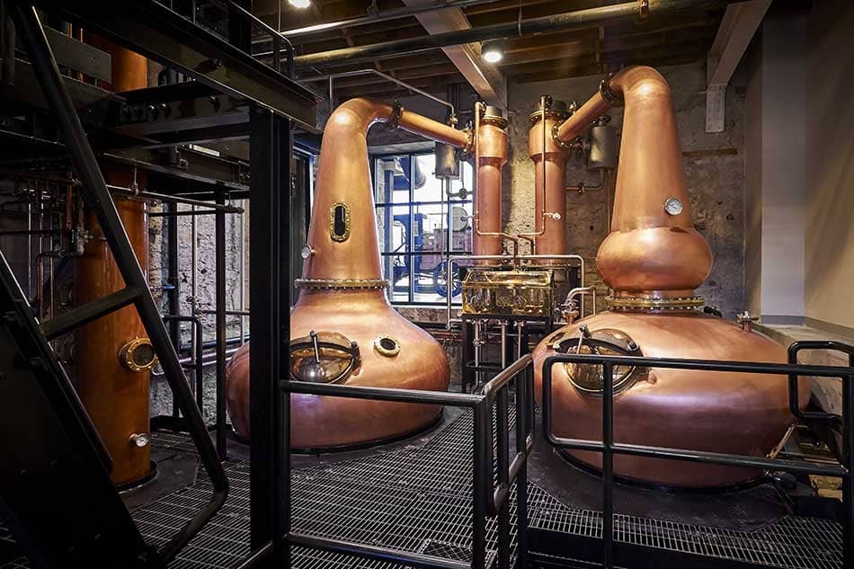 Copper pot stills at Spring Mill Distillery.
