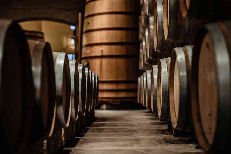 Barrels aging in a distillery.