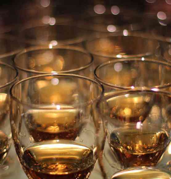 Glasses filled with whisky for a whisky tasting.
