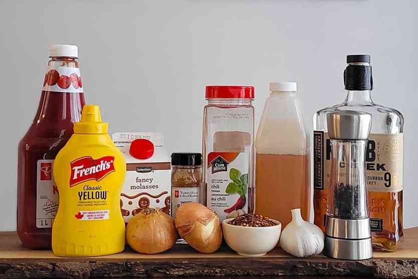 Bourbon BBQ Sauce ingredients on a table.