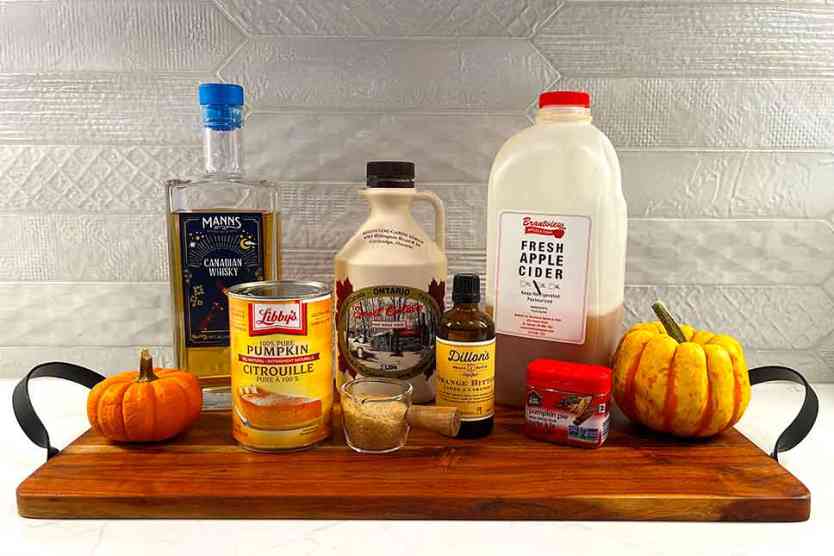 Cozy Fall Cocktail ingredients on a counter.