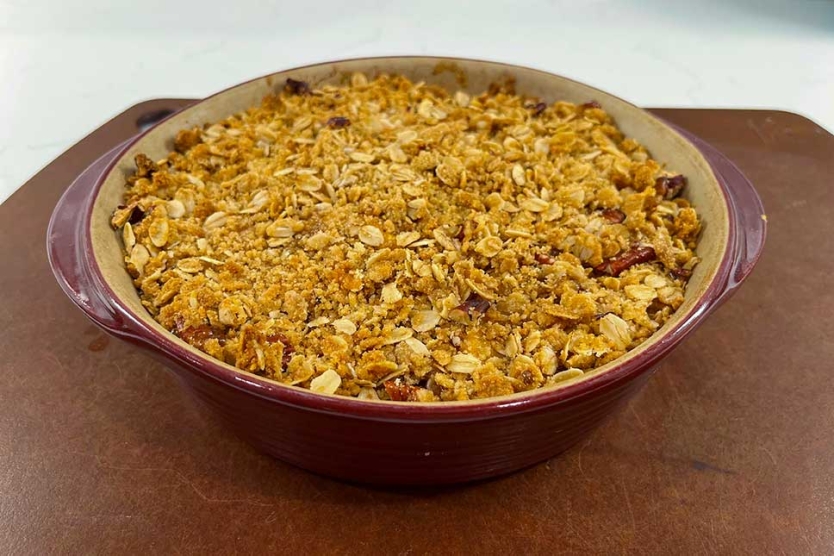 Peach bourbon crisp hot from the oven